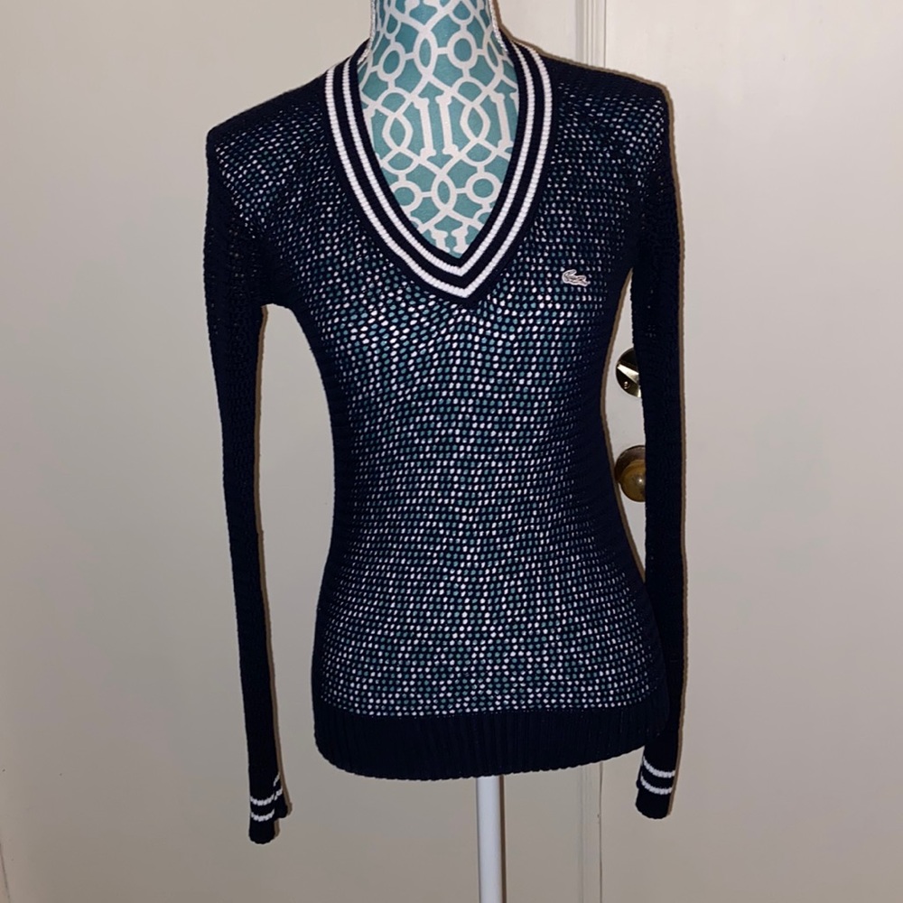Lacoste Navy Open Weave V- Neck Knit Logo Sweater Size 34 Small